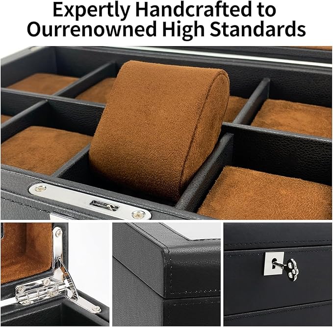 Leather Watch Box with Drawer-10 Slots Locking Jewelry Watches Holder for Men-Luxury Watch Case Display Organizer-2 Tier Organizer Watch Showcase-Storage Case