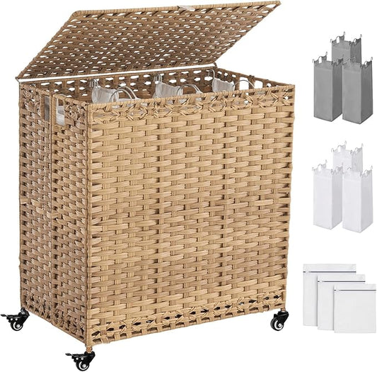 Laundry Hamper with Wheels&Lid, 50.2 Gallons(190L) Rolling Laundry Basket with Wheels, 3-Section Laundry Hamper, Handwoven Rattan Clothes Hamper with 6 Removable Liner& 3 Mesh Laundry Bags, Natural