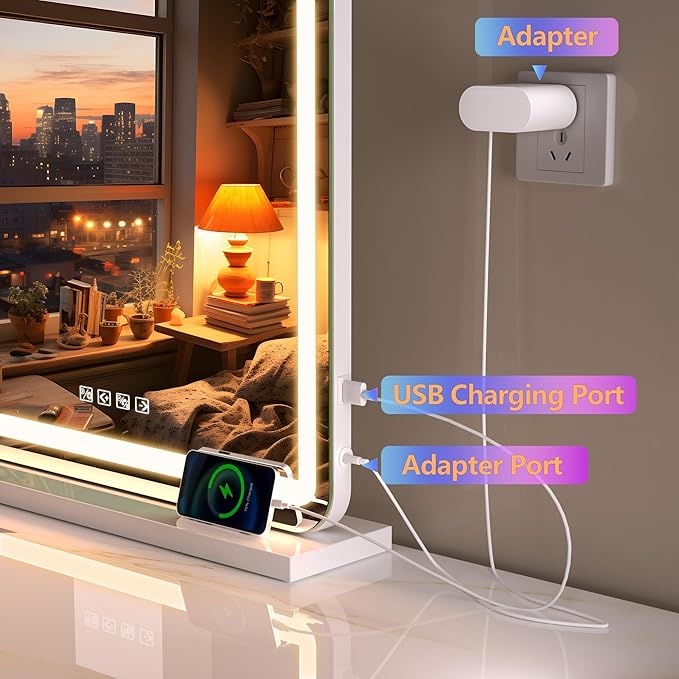 Hasipu Vanity Mirror with Lights and Bluetooth Speaker, 32" x 21.7" LED Makeup Mirror, Lighted Makeup Mirror with Dimmable 3 Modes, USB Charging Port, Round White