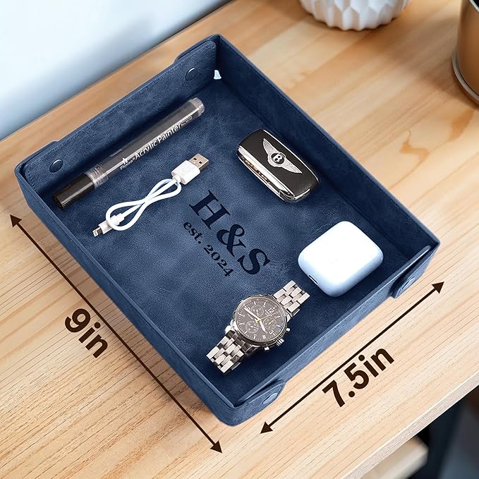 Engraved PU Leather Valet Tray for Couples – Personalized Catchall with Custom Name – Organizer for Keys, Wallet, Jewelry – Romantic Gift – Blue