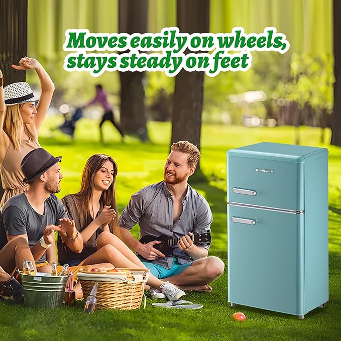 Small Refrigerator with Top Freezer 100Liter Retro Mini Fridge with Adjustable Glass Shelving, 7 Temperature Control and LED Lighting, Retro Mint Blue