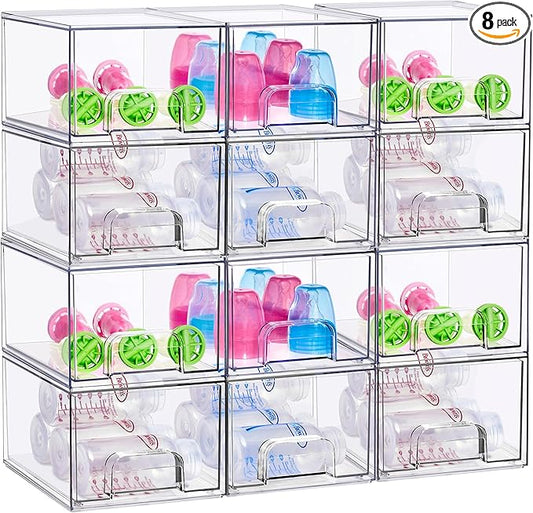 Sorbus Stackable Acrylic Storage Drawers, 12 Pack Clear Plastic Organizer Bins for Baby Bottles, Makeup, Bathroom, Vanity & Kitchen Countertop Organization, PullOut Drawer Design for Cabinets & Pantry