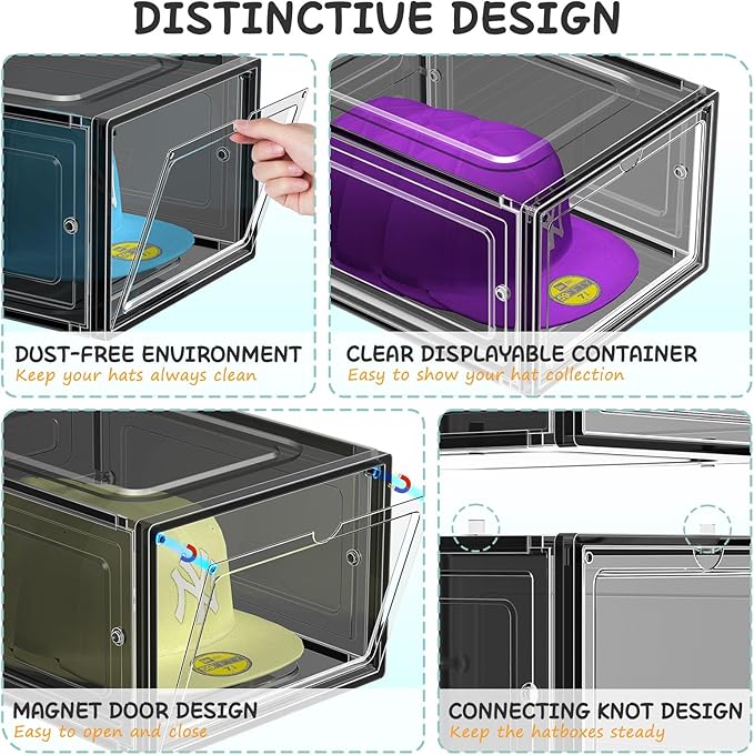 6 Pack Hat Organizer Box, Stackable Clear Baseball Caps Holder Box Containers with Magnetic Door for Hats Snapback Cap Storag, Hat Rack Display Case, Holds 8 Hats Each (Black)