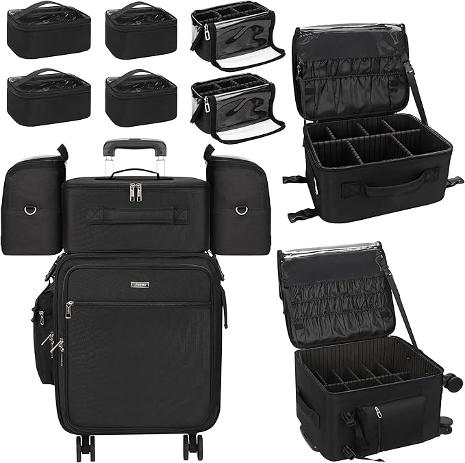 Relavel Rolling Makeup Case Professional Makeup Train Case, Makeup Brush Bag Makeup Artist Travel Bag with Wheels, 4-in-1 Portable Travel Beauty Trolley Case for Cosmetology Storage(Black)