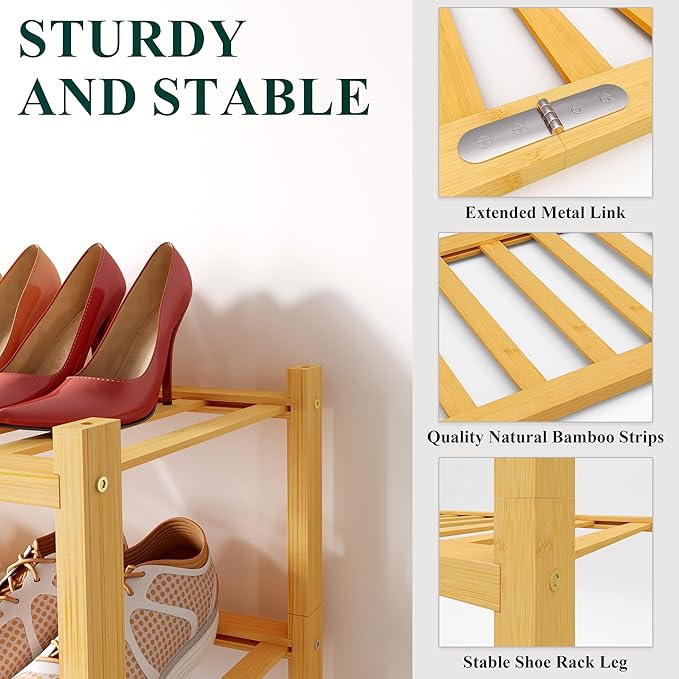 Smiry Bamboo Shoe Rack for Closet, 4 Tier Long Wooden Stackable Shoe Organizer, Free Standing Shoes Storage Shelf for Entryway, Front Door Entrance, Natural