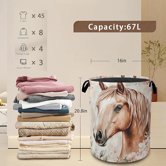 Laundry Hamper,Watercolor Horse Laundry Basket,Colorful Flowers Waterproof Oxford Cloth Storage Basket with Handle for Clothes Books Nursery Home Storage Sundries 16"x20"