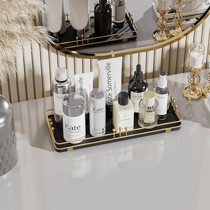 Bathroom Vanity Tray for Countertop Toiletries Perfume Makeup Soap Dispenser Toilet Tank, Kitchen Tray for Salt Spice, Decor Tray for Candle Nightstand Coffee 11.3”x 4.4” Black-Gold
