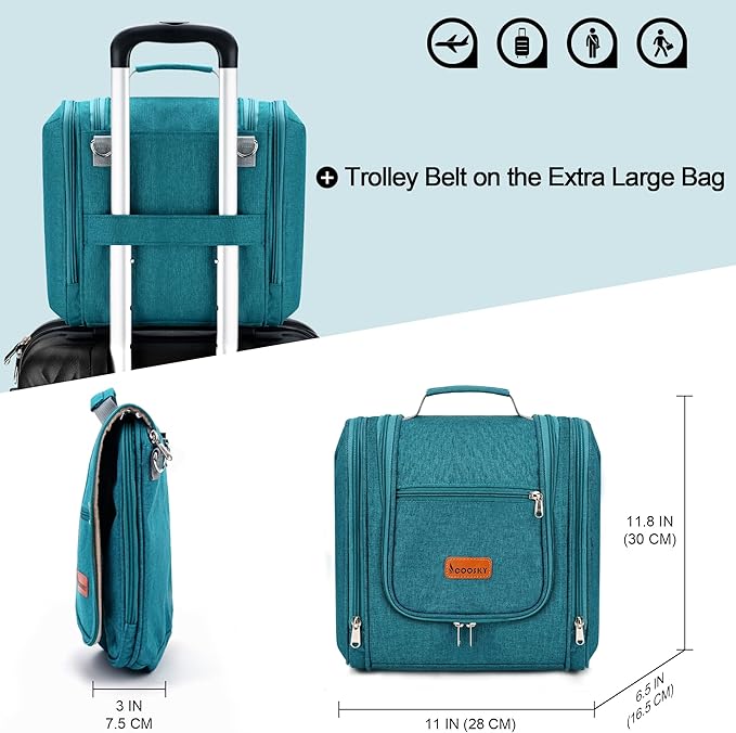 Travel Hanging Toiletry Bag for Women and Men, 6 Organizer Compartments, Holds Full Size Bottles, Extra Large Cosmetic Accessories, Makeup essentials, Bathroom Water-resistant Toiletries Bag, Blue