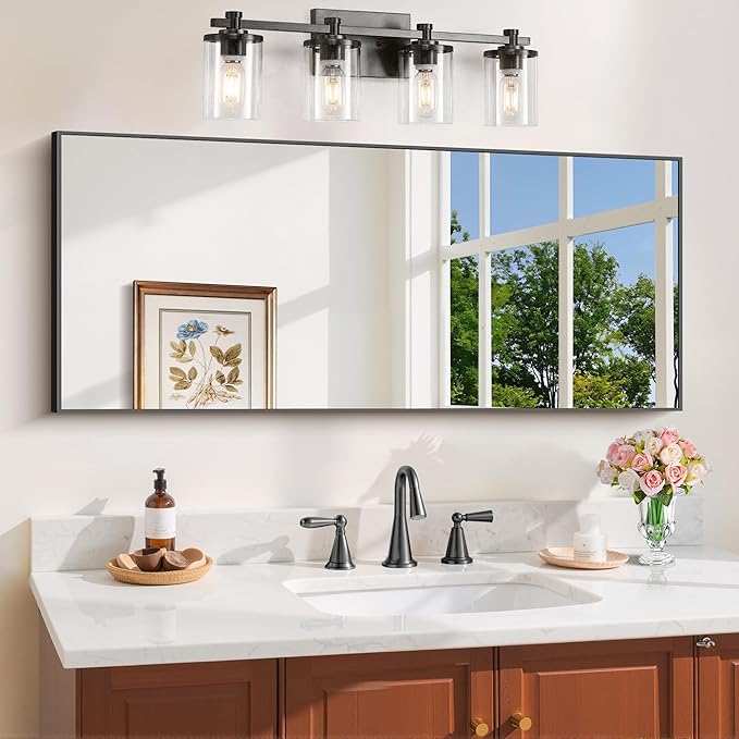 Black Bathroom Mirror for Wall, 20x48 Inch Rectangle Mirror with Metal Frame, Modern Vanity Mirrors for Bathroom Living Room, Entryway Hangs Horizontal or Vertical