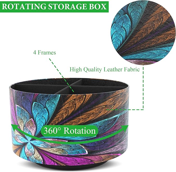 Hennaja Round Leather Art Supply Organizer,Remote Control Holder,360 Degree Rotating,Multi-Functional Pencil Holder,4 Compartments Desktop Stationary Organizer(1-Fractal Flower) | Round, 360 Degree Rotating, Multi-Functional, Desktop