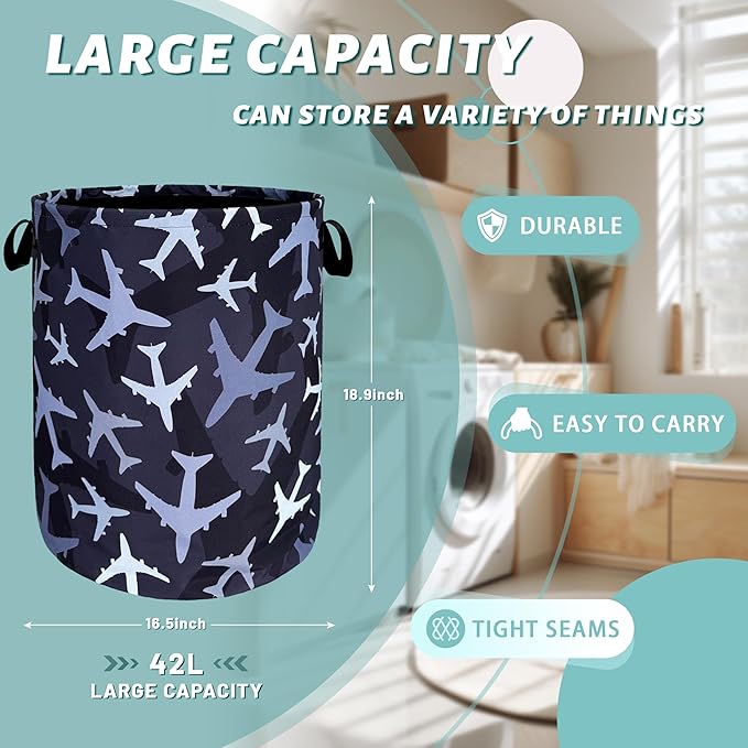 Plane Laundry Hamper Foldable With Handles Colorful Tote Bag Universal Oxford Cloth Blue Funny Laundry Basket Clothes Toy Storage Bucket 18.9" x 16.5" For Bathroom/Laundry/Bedroom