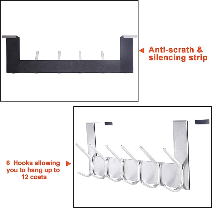 SKOLOO Over The Door Hook - for Doors up to 1-3/4'' Thickness, Brushed Nickel, No Assembly Required, Stainless Steel, Door Coat Rack for Entryway & Bathroom Hanging Coats, Backpack, Robes, Towels
