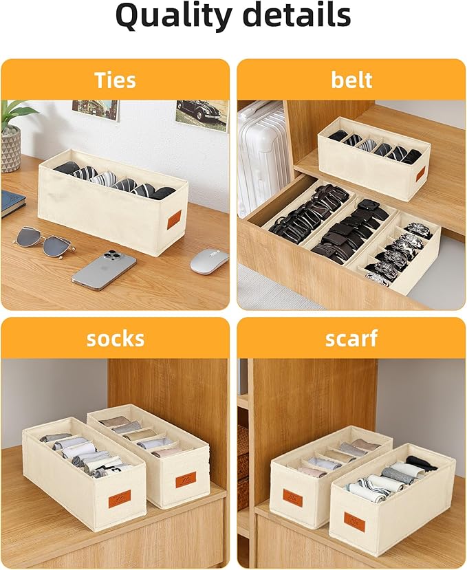 4 PCS Belt Organizer for Closet, 6 Grids Belt Holder, Washable Belt Box, Foldable Tie Organizer for Men, Belt Storage for Drawer (Beige, 13.38inch)