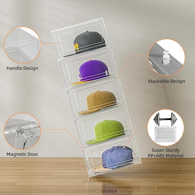 Hat Organizer Box for Baseball Caps, 6 Pack Plastic Hat Storage Display Case with Magnetic Door, Hat Holder Rack for Closet, Snapback Organizer, Hold 8 Caps Each