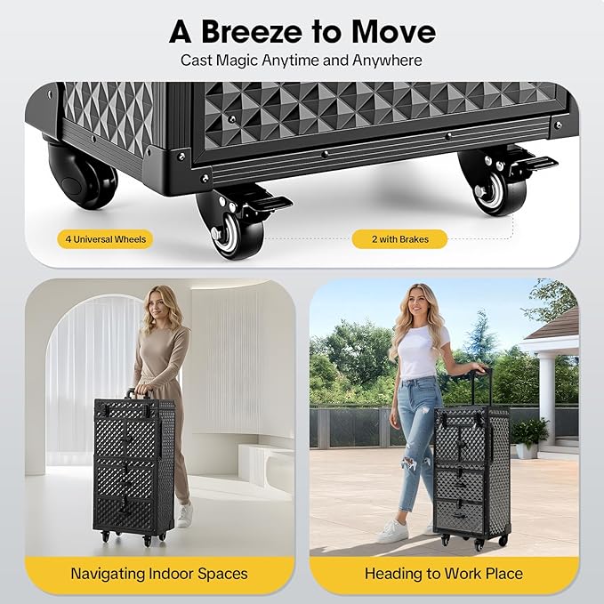 Hairdressing Rolling Case,Makeup Rolling Train Case,Cosmetic Case,Professional Barber Supplies Case,Hairdressing Tools Storage Case,Cosmetology Case with Wheels and Locks,Black