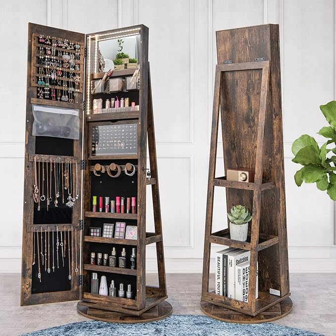 GOFLAME 360° Rotating Jewelry Cabinet with Full-Length Mirror, Standing Jewelry Armoire with 3-Color LED Light and Back Storage Shelf, Lockable Jewelry Organizer for Bedroom Cloakroom, Rustic Brown