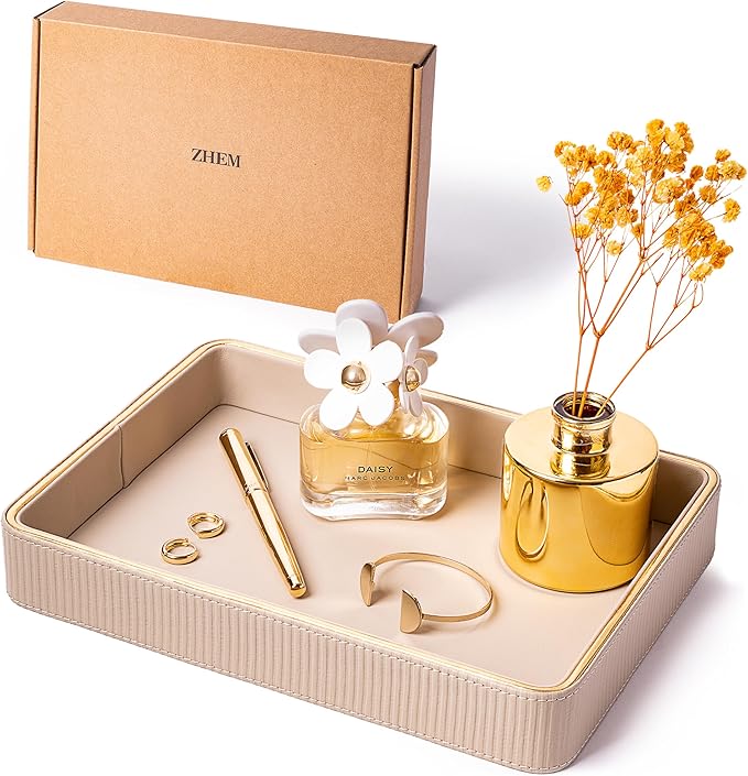 ZHEM Perfume Tray Valet Tray Night Stand Bedside Organizer| Perfume Organizer Catchall| Perfume Trays for Dresser Vanity Tray for Dresser Countertop| Perfume Holder (Beige 8"x11"x1.75")