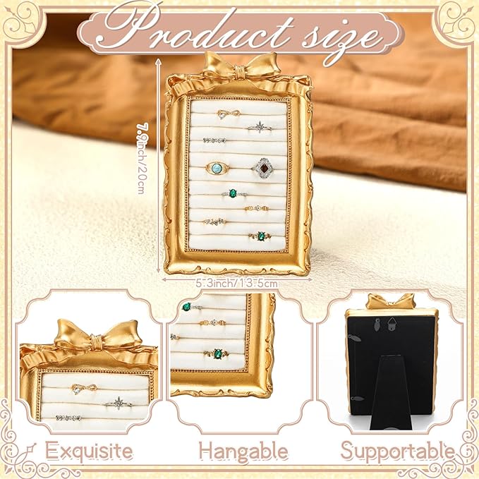 Vintage Ring Holder Bow Gold Ring Wedding Display Suede Jewelry Box Stand Frame Earring Tray Anniversary Engagement Baroque Organizer Photograph Prop for Women Birthday Christmas Gift
