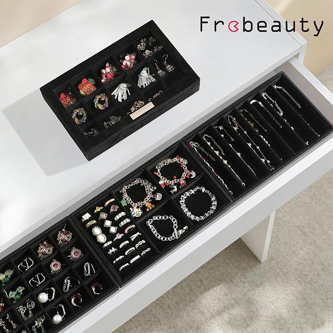 Frebeauty Stackable Jewelry Trays,Velvet Jewelry Organizer for Drawer,5-in-1 Jewelry Storage Box with Lid,Vanity Jewelry Display for Earrings Necklaces Rings,10.5 x 6.5 x 5.55 Inches,Gift for Women