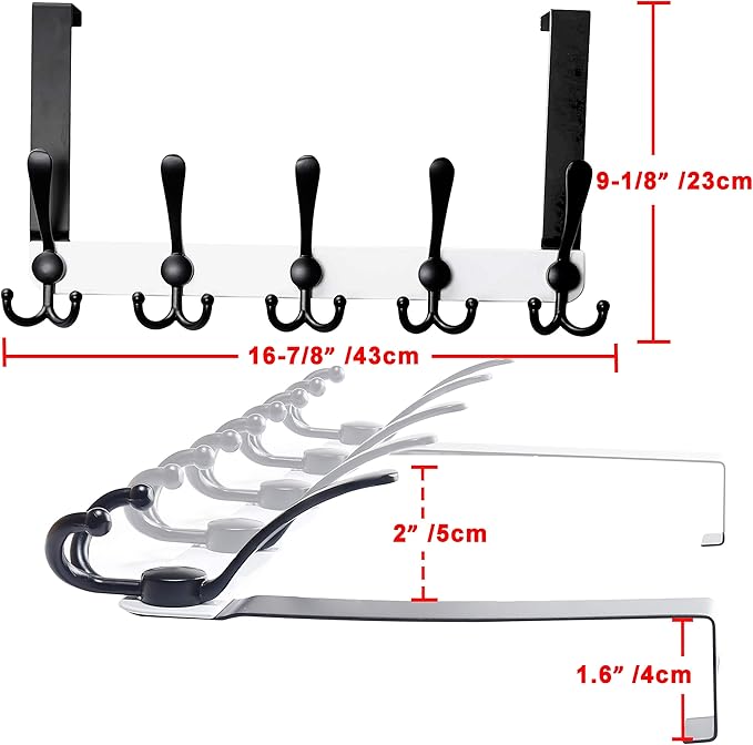 SKOLOO Over The Door Hook - for Doors up to 1-3/4'' Thickness, Metal Door Hanger with 5 Triple Hooks, Black on White Over The Door Hanger for Coats, Hats, Towels, Assembly Required