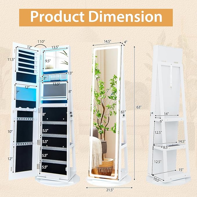 GOFLAME 360° Swivel Jewelry Cabinet Armoire with Full Length Mirror, Standing Jewelry Storage Organizer with Rear Storage Shelves, 3-Color LED Lights, Foldable Shelf, Interior Mirror, White