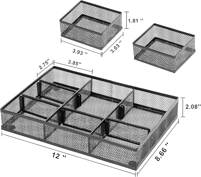 Marbrasse 3 Pack Desk Drawer Organizers with 9 Adjustable Compartments for Makeup, Office Supplies & Accessories (Black)