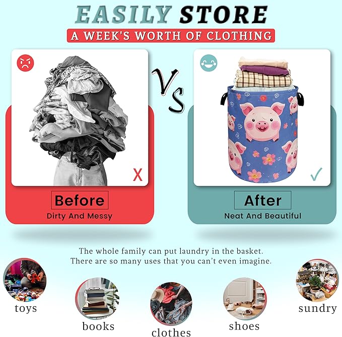 Cute Pig Laundry Hamper Foldable With Handles Colorful Animal Tote Bag Universal Oxford Cloth Funny Laundry Basket Clothes Toy Storage Bucket 18.9" x 16.5 "For Bathroom/Laundry/Bedroom