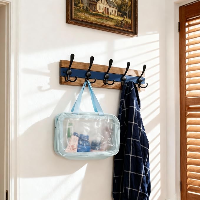 SKOLOO Rustic Wall Mounted Coat Rack - 16-7/8" Long Coat Hooks for Wall with 5 Triple Hooks for Hanging Coats, Hats or Tools, Western National Parks Collection, Wood Brown & Blue, Pack of 2