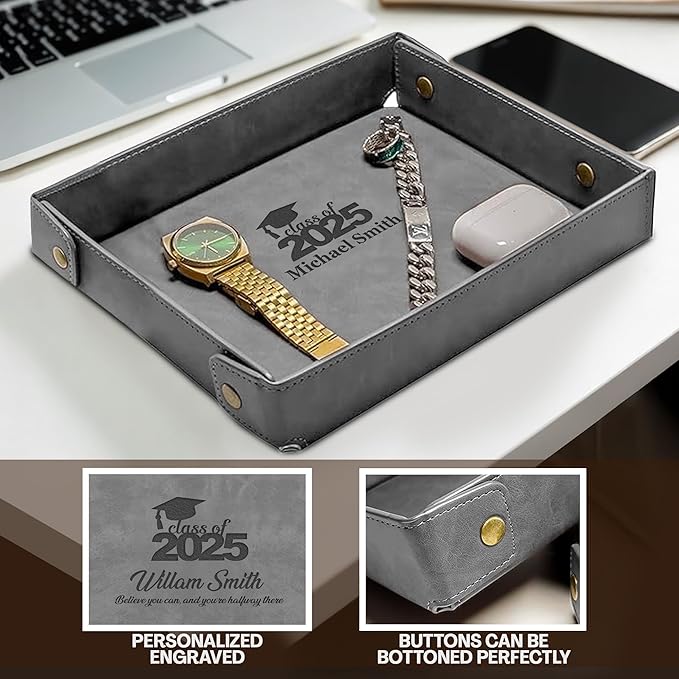 Engraved PU Leather Valet Tray – Personalized Catchall with Custom Name for Desk, Dresser, or Nightstand – Compact Organizer for Keys, Wallet, Jewelry – Graduation Gift for Him or Her – Grey