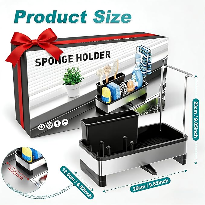 Stainless Steel Sink Caddy, Sponge Holder for Kitchen Sink with Brush Holder & Dishcloth Rack, Rustproof Sink Organizer Countertop, Soap Dispenser Kitchen Organizers Storage Essentials, Black