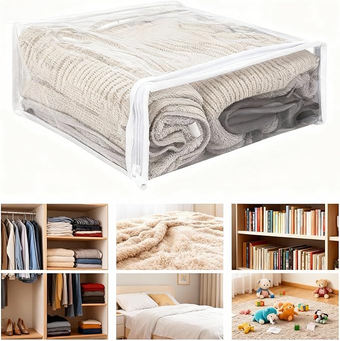 6 Pcs Clear Storage Bags with Zipper, Blanket Storage Bags Plastic PVC Clothing Storage Bag, Bed Sheet Organizer for Linen Sweater, Bed Sheet, Quilt, Clothes, Pillow 14.2 x 12 x 3.2 Inch