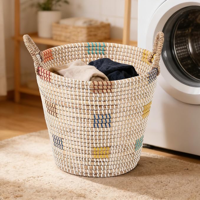 3 Pack Seagrass Storage Baskets for Organizing, Large Storage Bin with Handles, Woven Blanket Basket, Living Room Bedroom Laundry Room Home Decor for Toys Clothes Shoes Plant