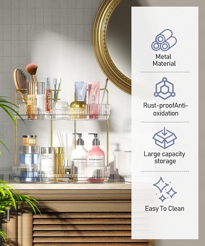 2-Tier Corner Bathroom Organizer Counter - Acrylic Makeup Skincare Organizer with Brush Holder, Perfume Tray for Countertop, Vanity, Dresser, Kitchen（Clear）