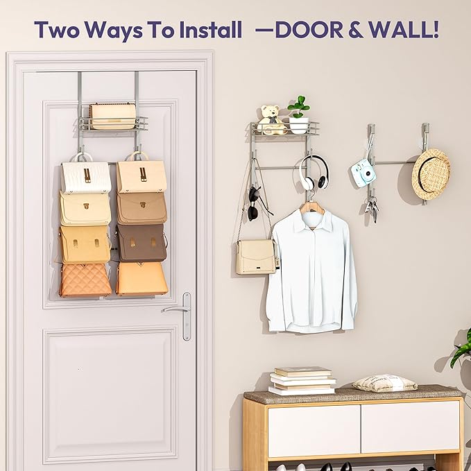 SWTYMIKI Over The Door Purse Organizer - Wall Mounted Handbag Organizer with 10 Hooks and Metal Basket, Hanging Purse Storage Rack Holds up to 10 Bags, Bag Rack Can Use As 1/2 Part, for Door, Closet