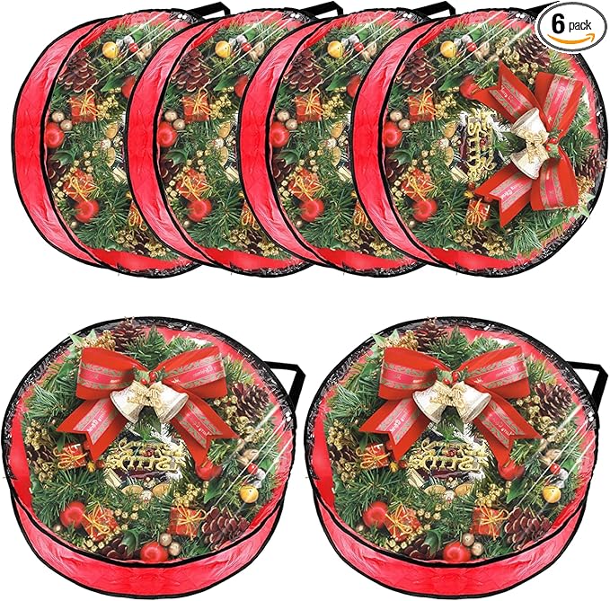 6 Pack Wreath Storage Container, 30" Wreath Storage Bag, Plastic Bag Storage Comforter Storage Bag with Sturdy Handles for Holiday Seasonal Wreath, Red