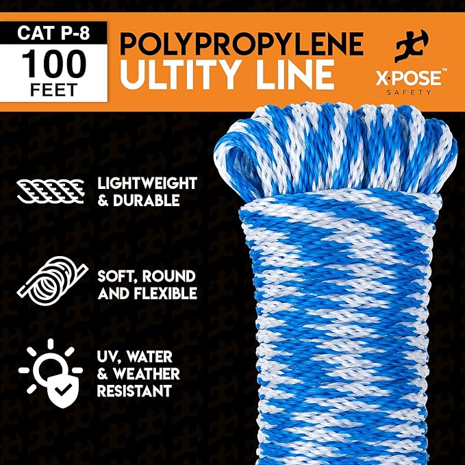 Polypropylene Rope - Braided Utility Line - 1/4" x 100 Ft - All Purpose Indoor & Outdoor Poly Rope Cord - Twisted Clothesline, Sash Cord, Anchor Line, Camping, Marine, Pool, Nautical 1 Pack