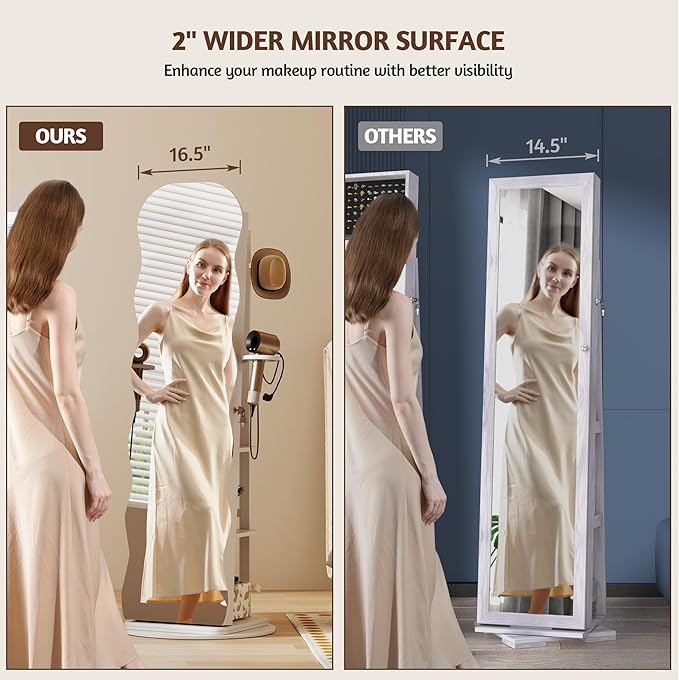 Vlsrka 360° Swivel Jewelry Aromire with Wavy Mirror, Lockable Jewelry Organizer Mirror Full Length, Rotatable Standing Mirror with Storage, Jewelry Cabinet, Interior Mirror, Flodable Shelf, White
