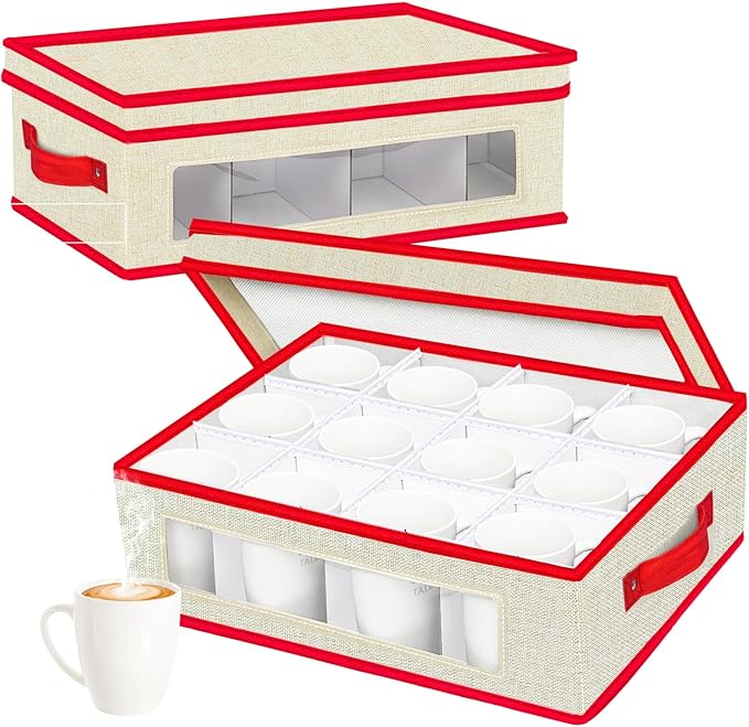 homyfort Mug Storage Box Organizer, China Cup Storage Containers with Dividers, 2 Pack Hard Shell for 24 Tea Cups and Coffee Mugs (Beige)
