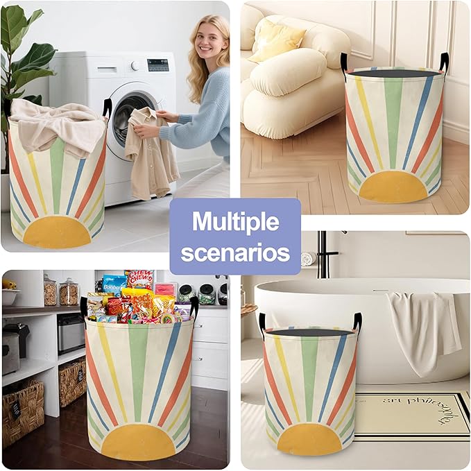 Boho Colored Sun Laundry Basket-Large Foldable Hamper Holder Portable Tall Collapsible Laundry Hamper Storage Basket Bin with Handles, Canvas & Waterproof lining for Household Items