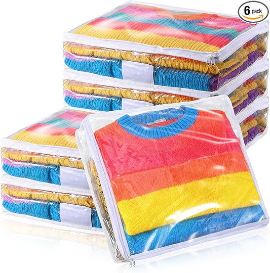 6 Packs Sweater Storage Bags, Clear PVC Sweater Storage Foldable Vinyl Zippered Organizer Plastic Bags for Clothes Blankets Sweater Quilt Clothes Pillow Bed Sheet (16 x 14 x 4 Inch)