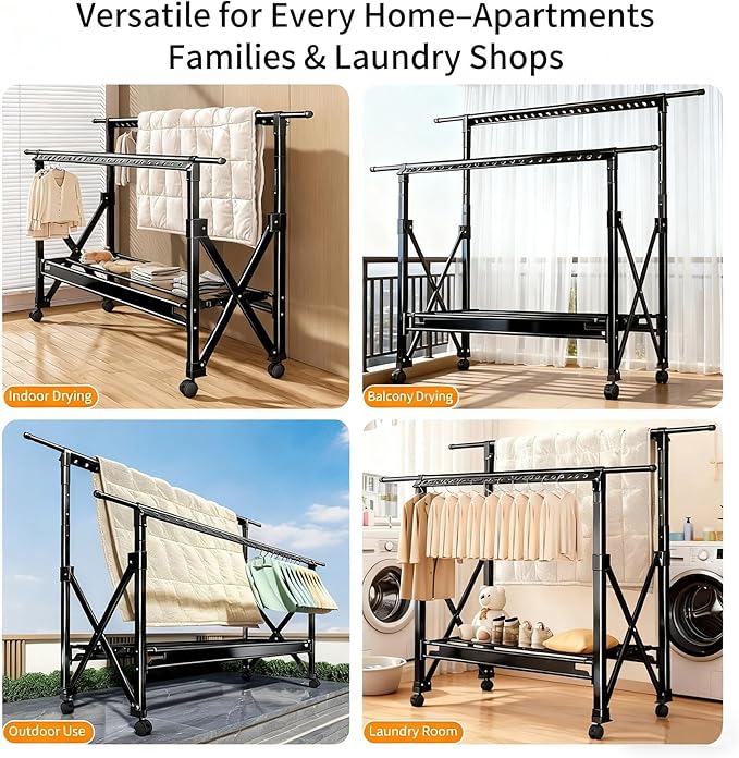 Double Rod Foldable Extendable Rolling Clothes Drying Garment Rack with Wheels, Heavy Duty Adjustable Freestanding Metal Clothes Rack for Indoor Outdoor Balcony Laundry, Black