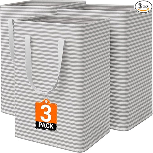 3 Pack Laundry Hamper, Waterproof & Freestanding Large Laundry Basket, Collapsible Clothes Hampers with Easy Carry Long & Reinforced Handles in Bedroom Bathroom, College Dorm(75Lx3, Gray)