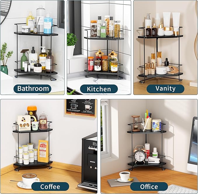 Bathroom Organizer Countertop, 2-Tier Bathroom Organizers and Storage for Bathroom Countertop, Kitchen Counter, Corner Storage Shelf for Storage, Skincare, Perfume, Makeup (Black)