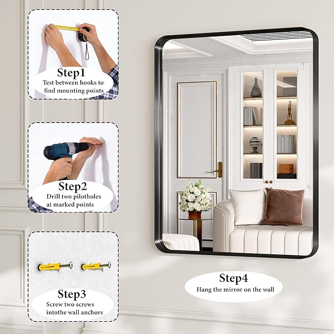 48X36 Inch Black Metal Framed Bathroom Mirror for Wall, Matte Black Vanity Mirror Farmhouse, Large Rounded Rectangle Mirror, Anti-Rust, Tempered Glass, Hangs Horizontally or Vertically