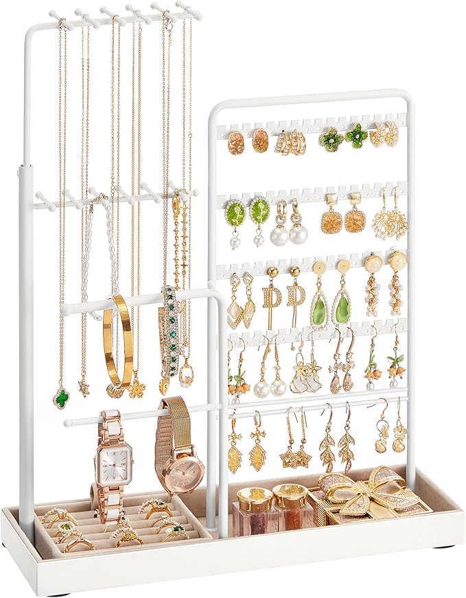 SONGMICS Jewelry Holder, Jewelry Storage Organizer Stand with Metal Frame, Velvet Tray, 12.1 to 18.7 Inches Tall Height Adjustable Necklace Holder, for Rings, Earrings, Matte White UJJS026W01