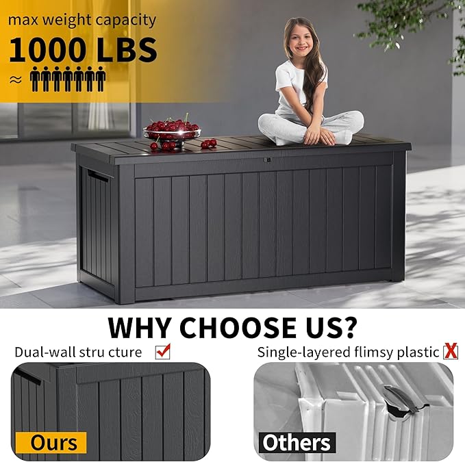 Heavy-Duty 270 Gallon Waterproof Deck Storage Box, Outdoor Storage for Garden & Patio, Lockable Resin Storage Chest Accessories, UV-Resistant, Onyx Black