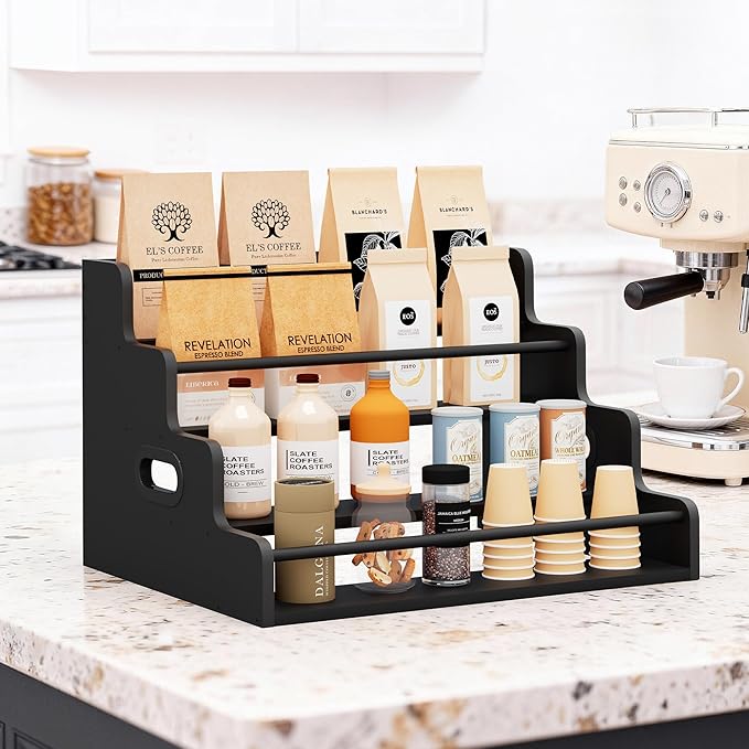 19.6”W x 15.74" D x 12.5" H Inches Versatile 4-Step Coffee Syrup & Water Bottle Organizer Rack Multi-Functional Retro Display Shelf for Kitchen or Bar, Holds Liquor & Spirits, Black