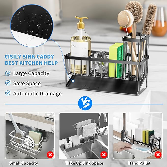 Cisily Kitchen Sink Caddy Organzier with High Brush Holder, Sponge Holder for Sink, 304 Rustproof Stainless, Kitchen Countertop Soap Dispenser Organizer