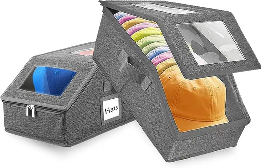 Hat Organizer for Baseball Caps,2PCS Stackable Hat Storage Box with Clear Window Lid, Space-Saving Box for Closet
