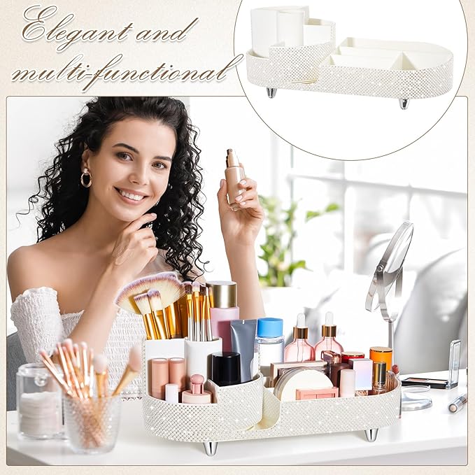 Teen Girls Women Gift 360 Rotating Bling Makeup Organizer Large Rhinestone Diamond Bathroom Organizer Girly Skin Care Brush Holder for Countertop,Bathroom Essentials(White,Pearl)